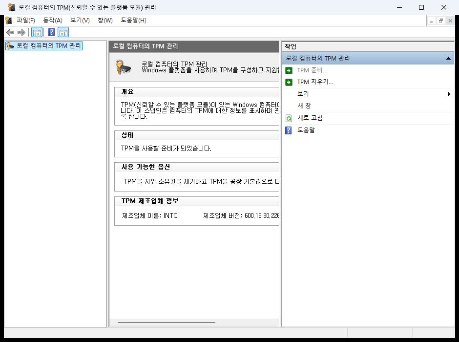 TPM(신뢰할 수 있는 플랫폼 모듈) 관리 화면
